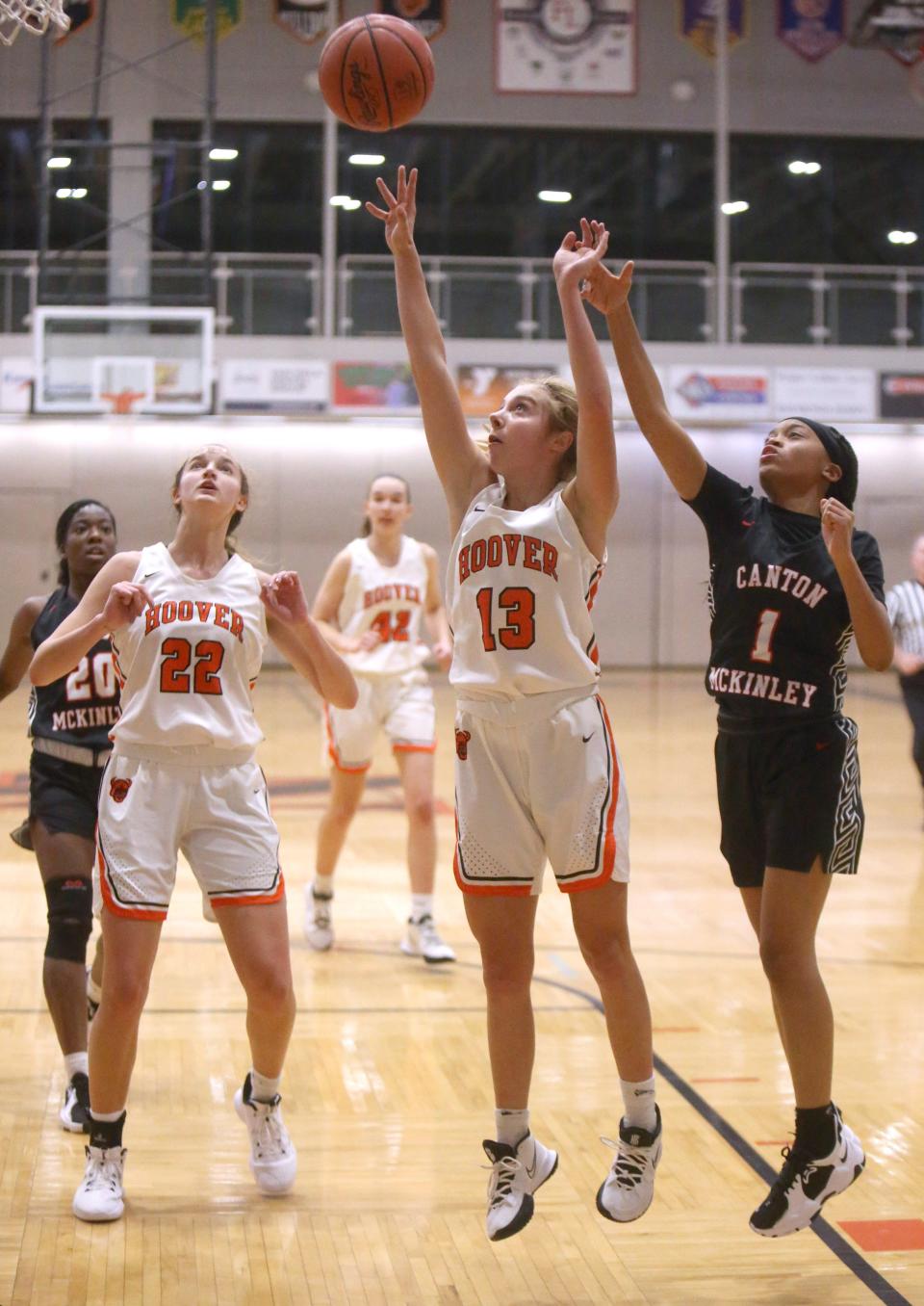 Lily Cain, 13, of Hoover takes a shot while being defended by Ky'Lonee Foster, 1, of McKinley during their game at Hoover on Dec. 1.