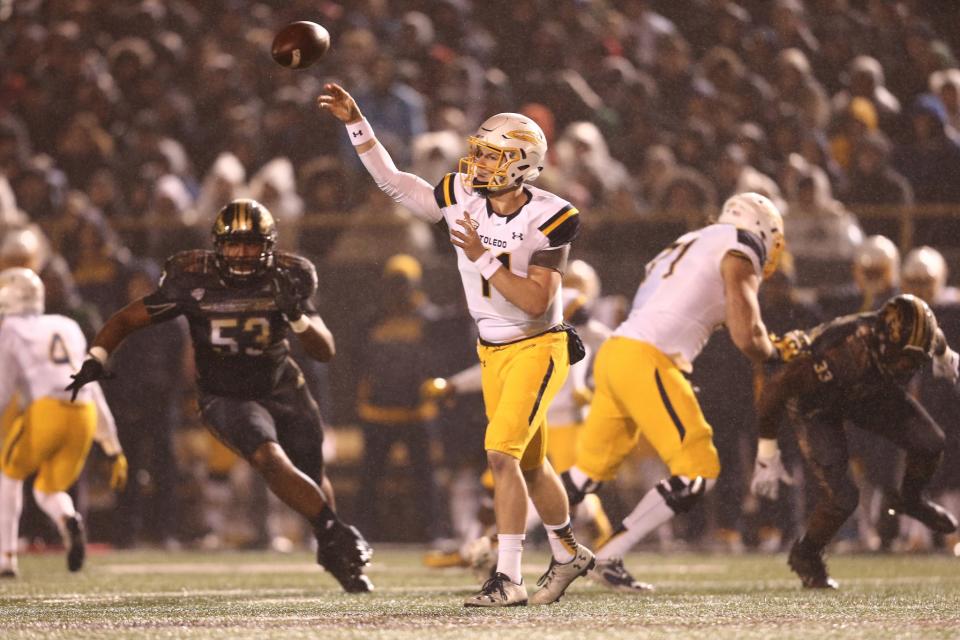 Toledo QB Logan Woodside has 43 TD passes this year. The Rockets will play Appalachian State in the Camellia Bowl. (Photo by Rey Del Rio/Getty Images)