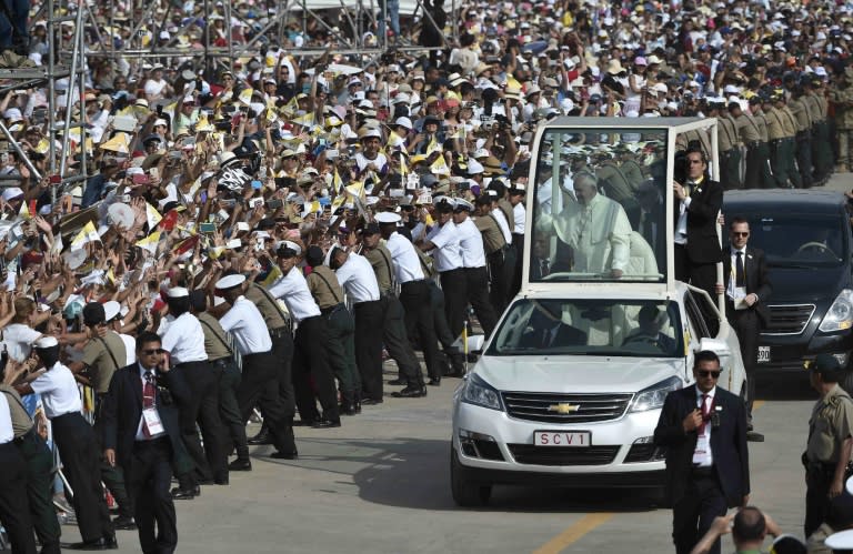 Pope Francis arriving in the popemobile to celebrate mass at the Las Palmas air base in Lima on January 21, 2018, in a handout picture released by the Vatican press office Osservatore Romano