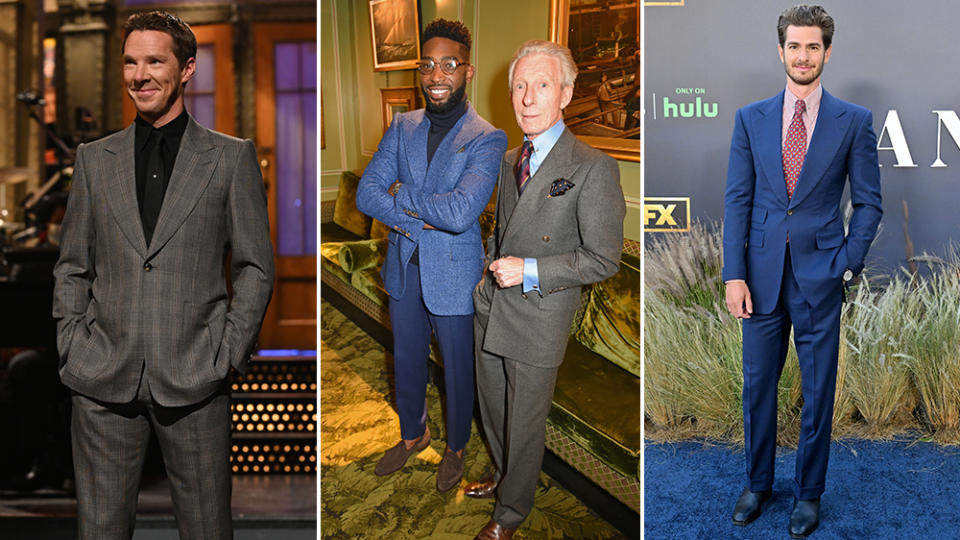 More recently, stars including (from left) Benedict Cumberbatch, Tinie Tempah, and Andrew Garfield have sported the Edward Sexton look.