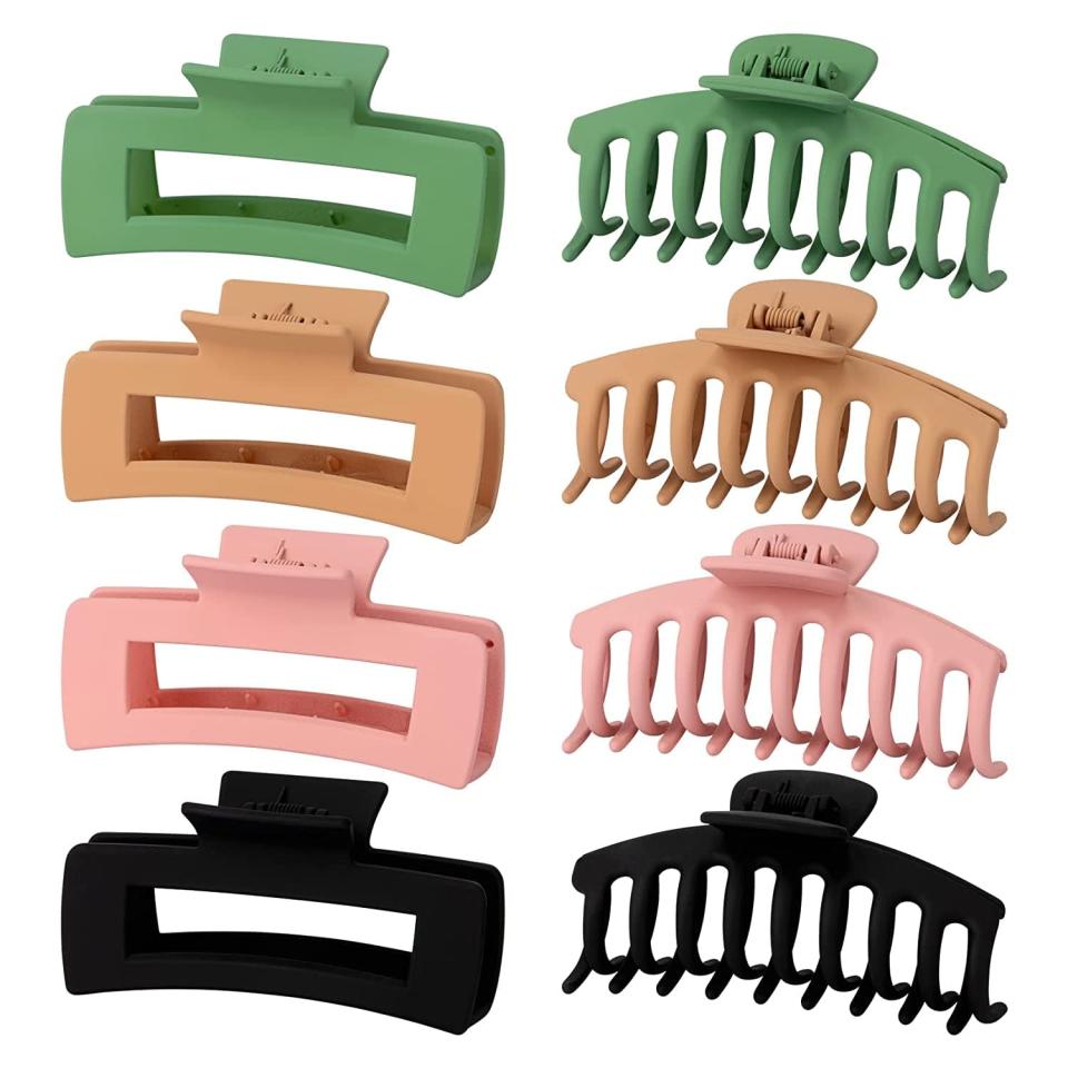 <p>Great for thick hair, this <span>8 Pack Large Hair Claw Clips</span> ($6, originally $8) won't disappoint. The package of eight hair clips includes square and claw clips that come in pink, green, khaki, and black colors. The clips' powerful springs will hold the hair firmly without risking flyaways. </p>