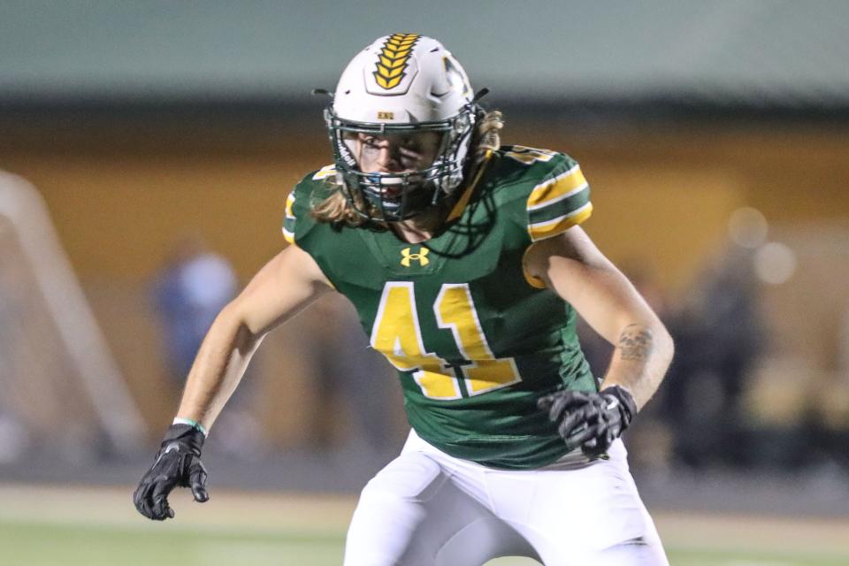 Pampa’s Tripper Taylor (41) rushes the passer during a nondistrict game against Borger on Friday, Sept. 30, 2022, at Harvester Stadium in Pampa. Pampa won, 43-40.