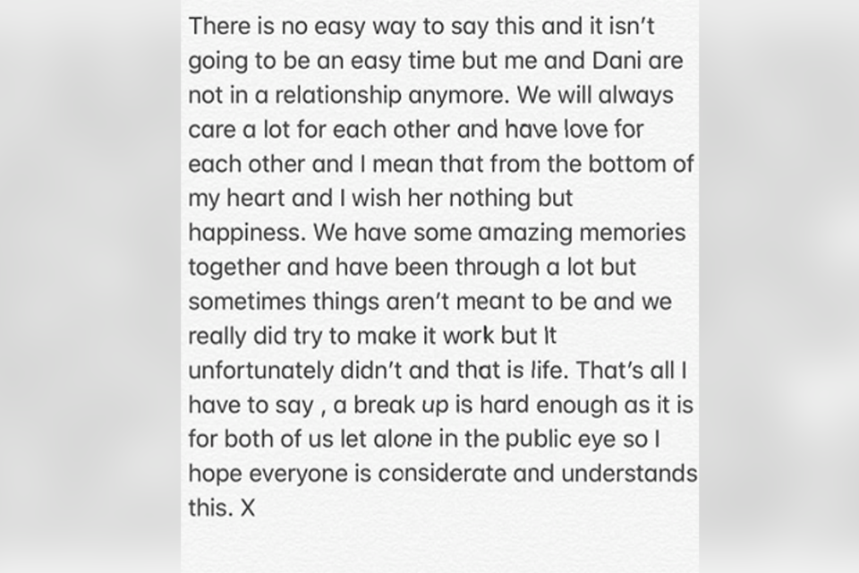 Split: Jack Fincham announced the break up on his Instagram stories. (Instagram / @jack_charlesf)