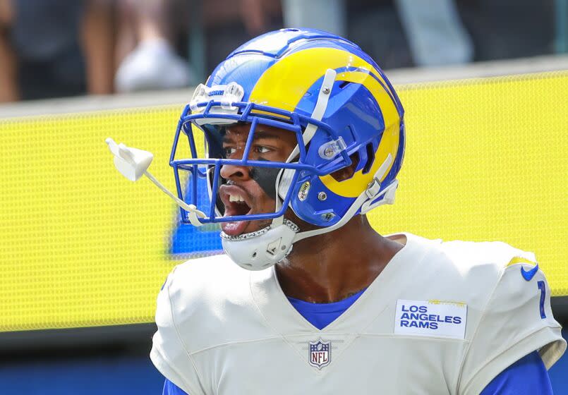 Los Angeles, CA - September 18: Rams wide receiver Allen Robinson II celebrates his touchdown in the first half.