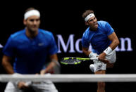 Tennis - Laver Cup - 2nd Day - Prague, Czech Republic - September 23, 2017 - Rafael Nadal and Roger Federer of team Europe in action against Jack Sock and Sam Querrey of team World. REUTERS/David W Cerny