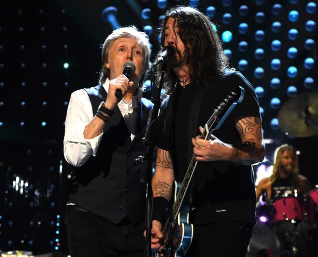 McCartney and Grohl perform on stage during the Rock & Roll Hall of Fame Induction Ceremony. (Photo: Kevin Mazur via Getty Images)