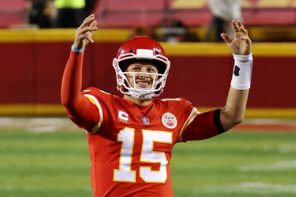 Patrick Mahomes of the Kansas City Chiefs celebrates against the Buffalo Bills (Getty)