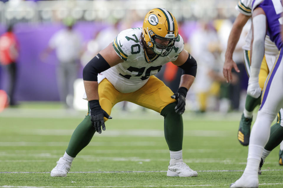 Green Bay Packers offensive tackle <a class="link " href="https://sports.yahoo.com/nfl/players/33530" data-i13n="sec:content-canvas;subsec:anchor_text;elm:context_link" data-ylk="slk:Royce Newman;sec:content-canvas;subsec:anchor_text;elm:context_link;itc:0">Royce Newman</a> (70) in action during the second half of an NFL football game against the <a class="link " href="https://sports.yahoo.com/nfl/teams/minnesota/" data-i13n="sec:content-canvas;subsec:anchor_text;elm:context_link" data-ylk="slk:Minnesota Vikings;sec:content-canvas;subsec:anchor_text;elm:context_link;itc:0">Minnesota Vikings</a>, Sunday, Sept. 11, 2022 in Minneapolis. (AP Photo/Stacy Bengs)