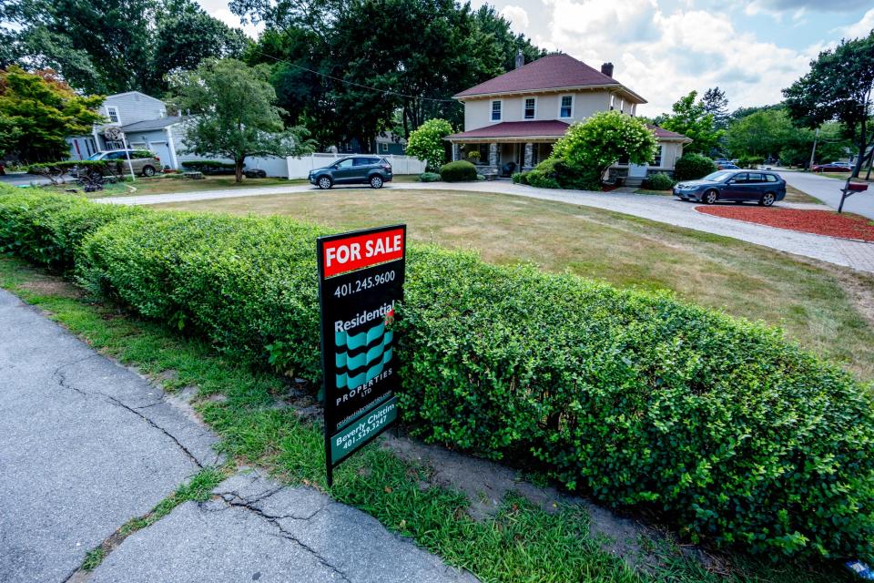 A home for sale off Washington Street in Barrington on Tuesday. In February 2020, before COVID's contractions set in, the median price of a single-family home in Rhode Island stood at $274,900, according to the state Association of Realtors. By this June, that price had risen to $430,000, a leap of 56%.