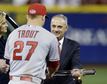 MLB commissioner Rob Manfred presents the All-Star MVP trophy to Mike Trout. (AP)