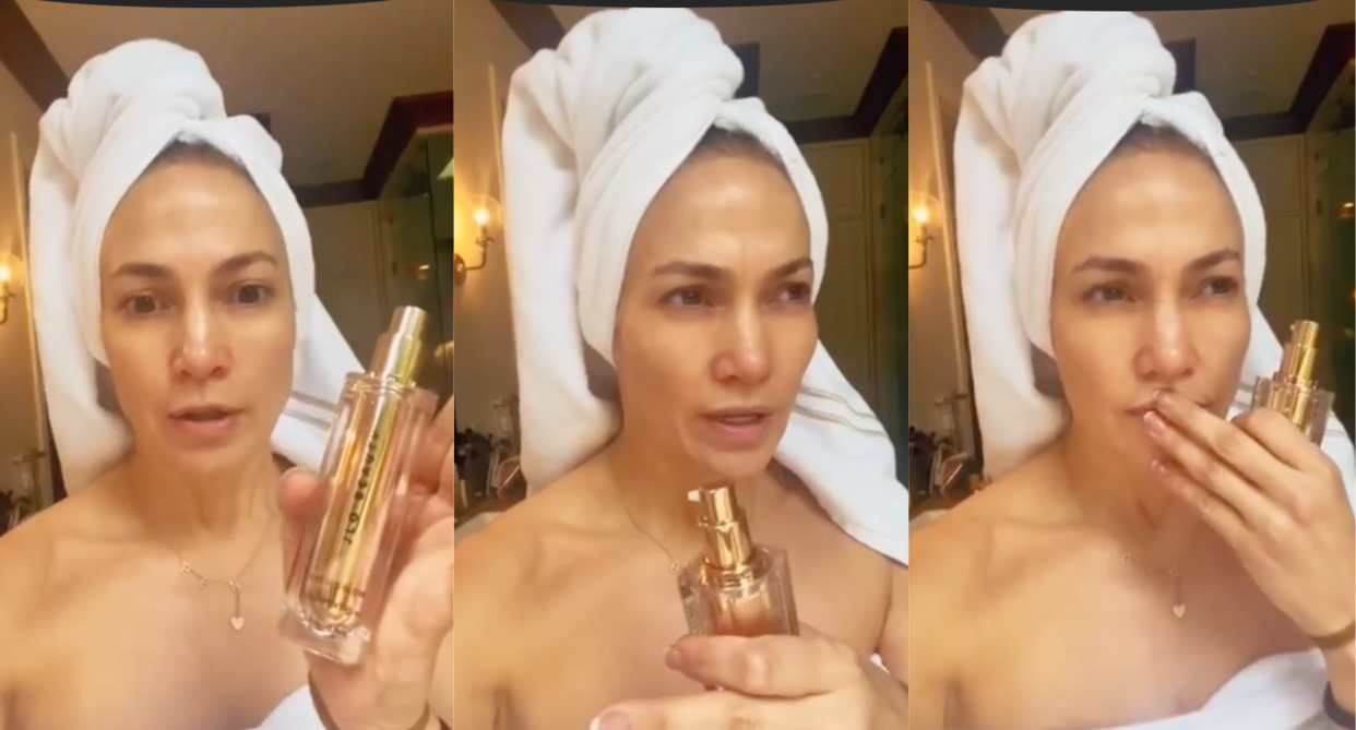 split screen of jennifer lopez with white towel wrapped around hair and bath towel holding $98 CAD/$79 USD JLo Beauty serum