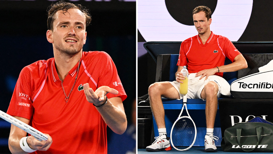 Russia's Daniil Medvedev (pictured left) reacts after a point and (pictured right) Medvedev takes a drink at the Australian Open.