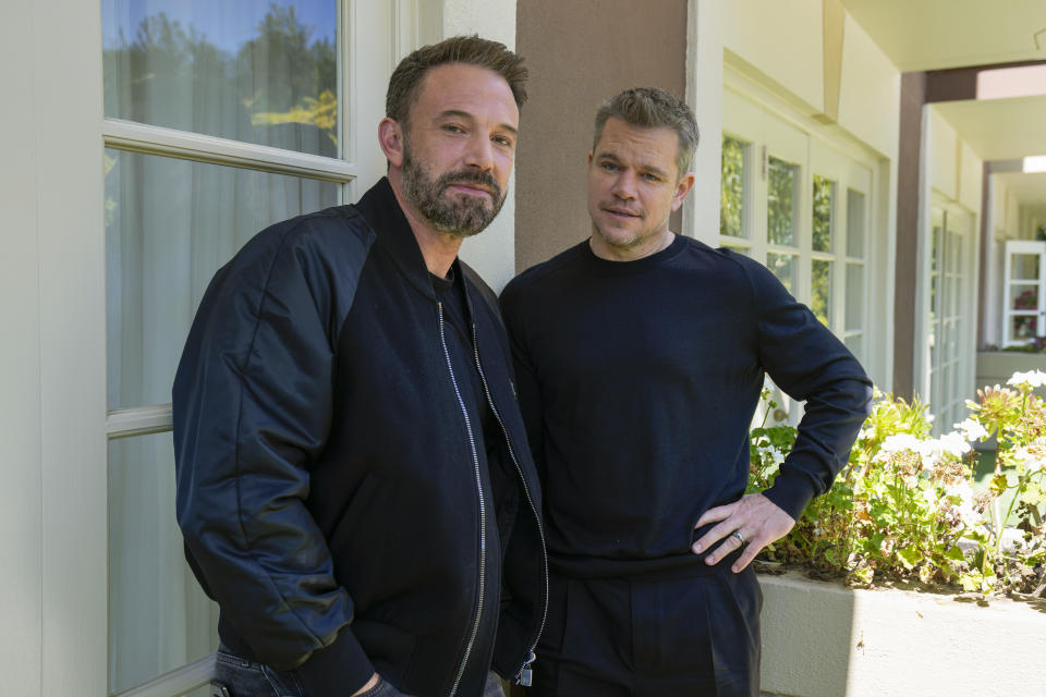 Ben Affleck, left, and Matt Damon pose for a portrait to promote the film "Air" on Monday, March 27, 2023, at the Four Seasons Hotel in Los Angeles. (AP Photo/Ashley Landis)