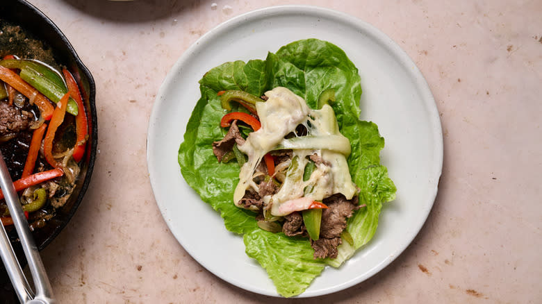 cheesy steak filling in lettuce leaves