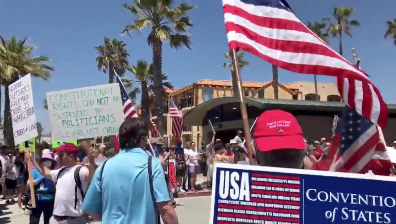 People rally for the U.S. and call for the end of the lockdown in San Diego, California, amid the coronavirus disease (COVID-19) outbreak in the U.S.