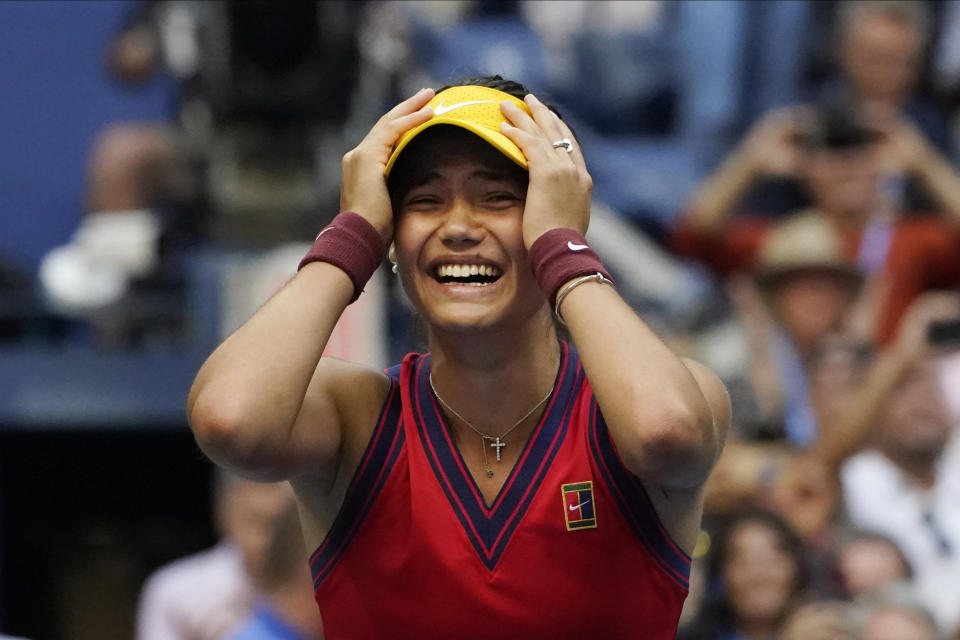 Emma Raducanu, of Britain, reacts after defeating Leylah Fernandez, of Canada, during the women's singles final of the US Open tennis championships, Saturday, Sept. 11, 2021, in New York. (AP Photo/Elise Amendola)