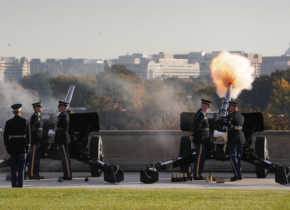 Members of the Honor Guard fire cannons as Defense Secretary Jim Mattis and South Korea Minister of Defense Jeong Kyeong-doo co-host the 2018 Security Consultative at the Pentagon, Wednesday, Oct. 31, 2018. (AP Photo/Pablo Martinez Monsivais)