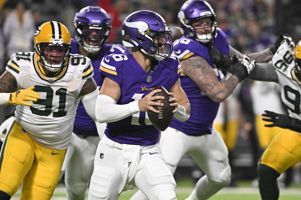 Jaren Hall threw for 67 yards in the first half before being benched Sunday. (Stephen Maturen/Getty Images)