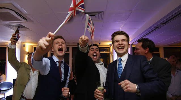 Celebrations begin after the Leave campaign triumphs in the referendum. Photo: AFP