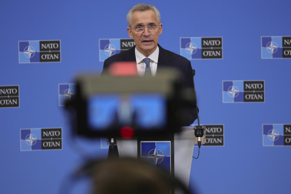 NATO Secretary-General Jens Stoltenberg speaks during a media conference ahead of a meeting of NATO defense ministers at NATO headquarters in Brussels, Monday, Feb. 13, 2023. (AP Photo/Olivier Matthys)