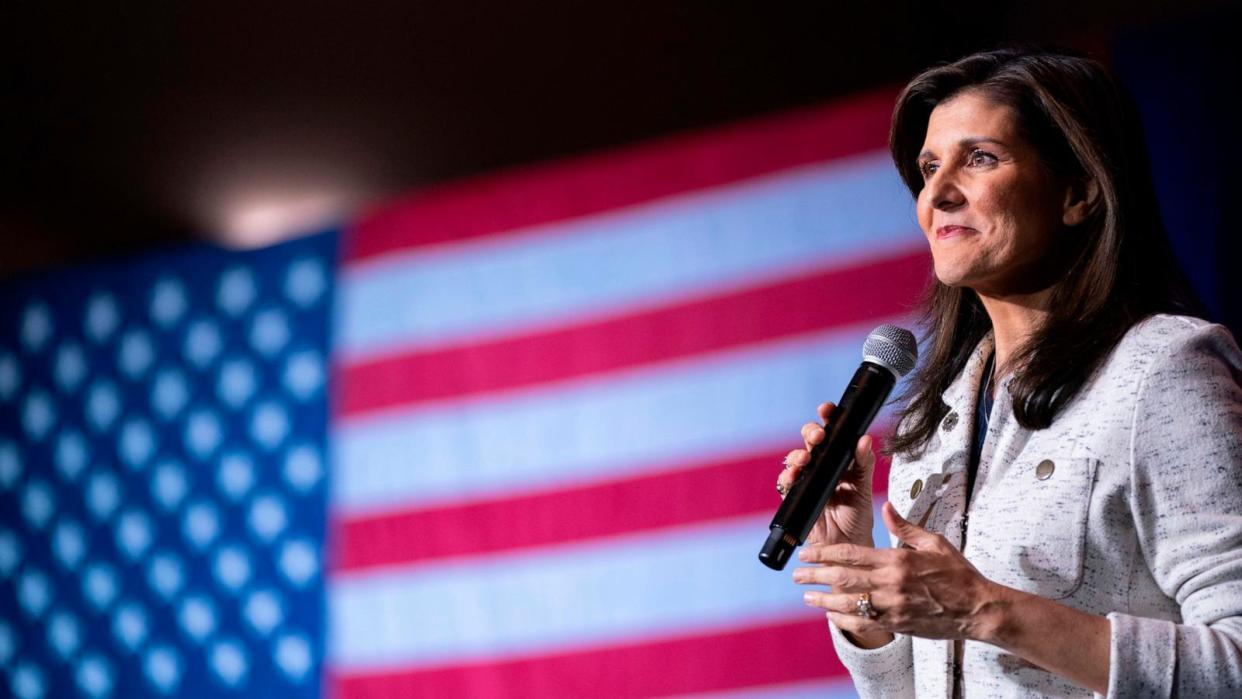 PHOTO: Republican presidential candidate former UN Ambassador Nikki Haley speaks during a campaign event at The North Charleston Coliseum, on Jan. 24, 2024, in North Charleston, S.C.  (Sean Rayford/AP)