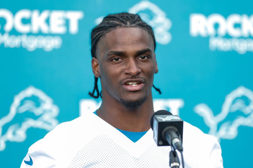 Detroit Lions cornerback Ennis Rakestraw Jr. (15) speaks to media members during rookie minicamp at Detroit Lions headquarters and practice facility in Allen Park on Friday, May 10, 2024.