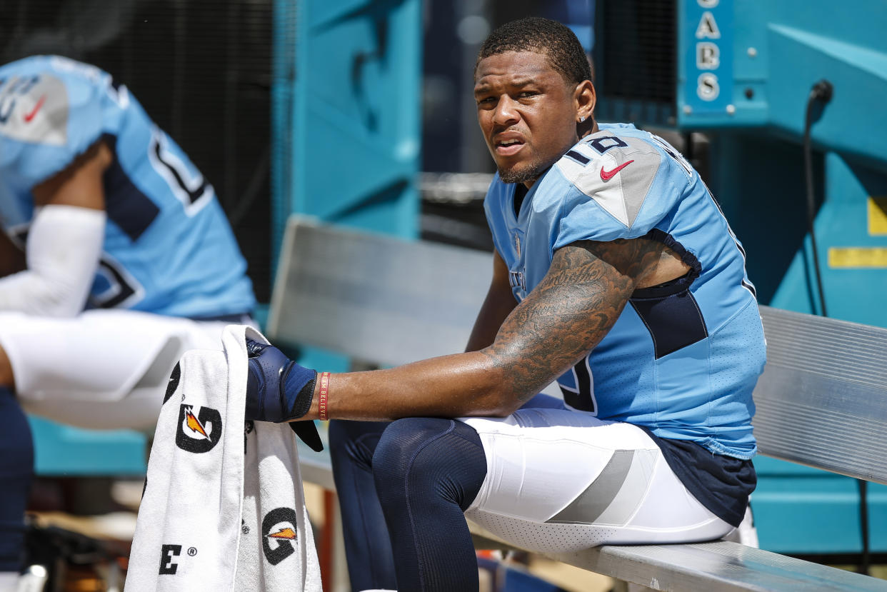 JACKSONVILLE, FL - SEPTEMBER 23: Tennessee Titans wide receiver Rishard Matthews (18) on the sidelines during the game between the Tennessee Titans and the Jacksonville Jaguars on September 23, 2018 at TIAA Bank Field in Jacksonville, Fl. (Photo by David Rosenblum/Icon Sportswire via Getty Images)