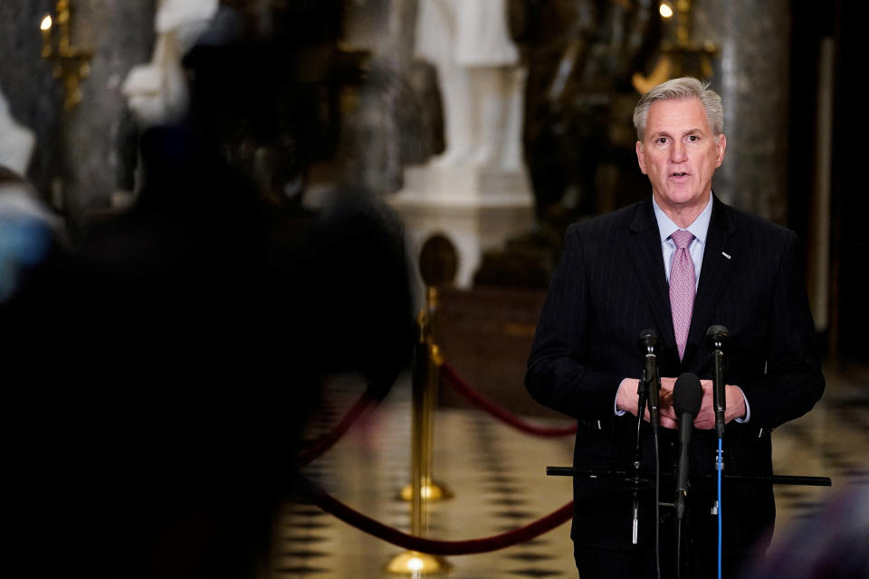 U.S. Speaker of the House Kevin McCarthy (R-CA) speaks to reporters at the U.S. Capitol in Washington, U.S., January 12, 2023. REUTERS/Elizabeth Frantz