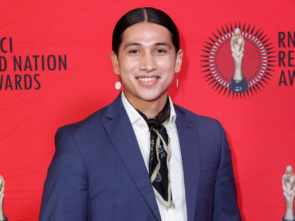 Cole Brings Plenty attends the Red Nation Celebration Institute's 28th RNCI Red Nation Awards at Fine Arts Theatre on November 12, 2023 in Beverly Hills, California