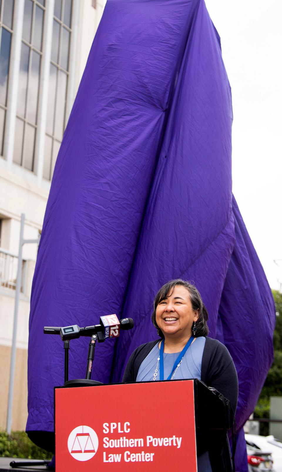 Southern Poverty Law Center President and CEO Margaret Haung speaks at the unveiling of the Blank Slate Monument at the Civil Rights Memorial Center in Montgomery, Ala., on April 12, 2022.