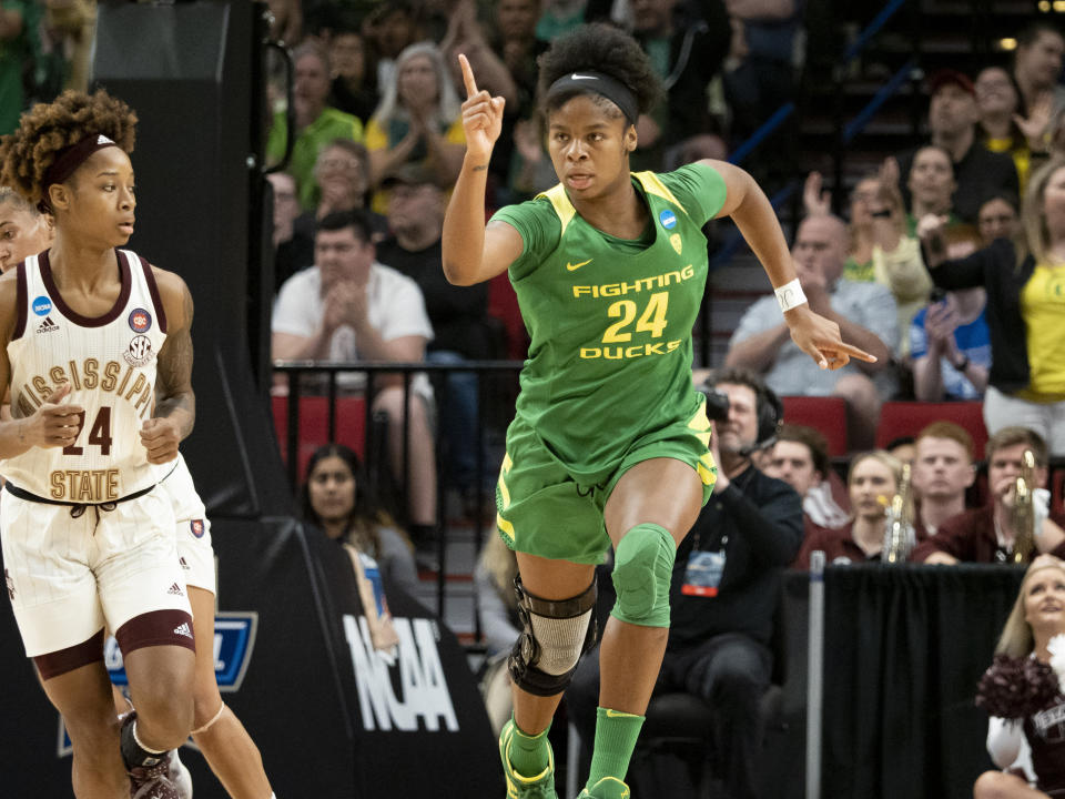 PORTLAND, OR - MARCH 31: Oregon Ducks forward Ruthy Hebard (24) reacts after making a basket during the NCAA Division I Women's Championship Elite Eight round basketball game between the Oregon Ducks and Mississippi State Bulldogs on March 31, 2019 at Moda Center in Portland, Oregon. (Photo by Joseph Weiser/Icon Sportswire via Getty Images)