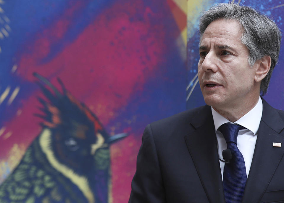 Secretary of State Antony Blinken speaks during a meeting with youth leaders in Bogota, Colombia, Thursday, Oct. 21, 2021. (Luisa Gonzalez/Pool via AP)