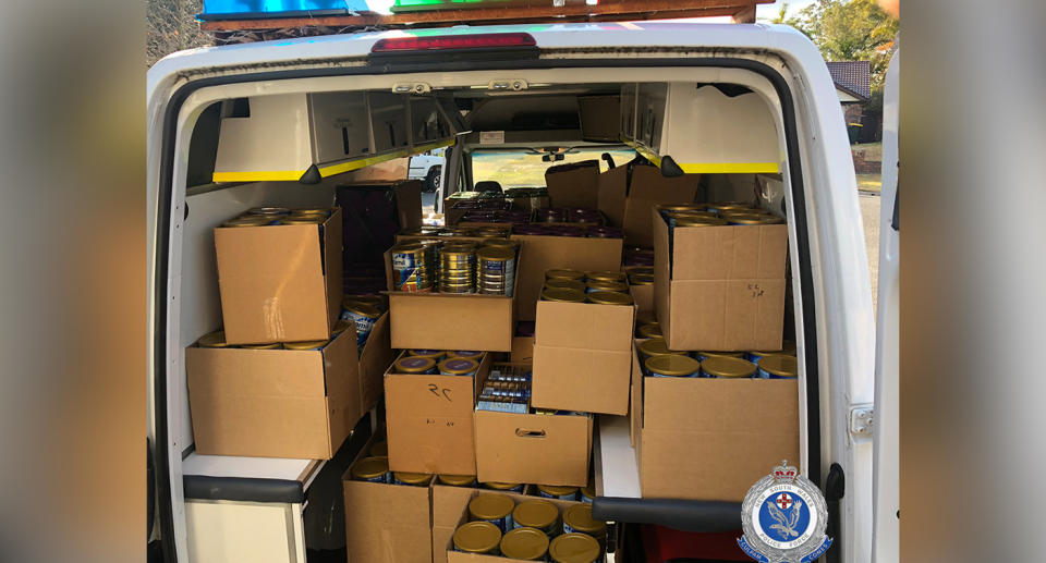 Police allege they found more than 4000 tins of baby formula on Wednesday night after two search warrants were executed. Source: NSW Police