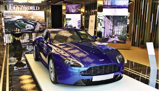 The Aston Martin Vantage 8 on display at the sales gallery of Eco World during the launch of London City Island