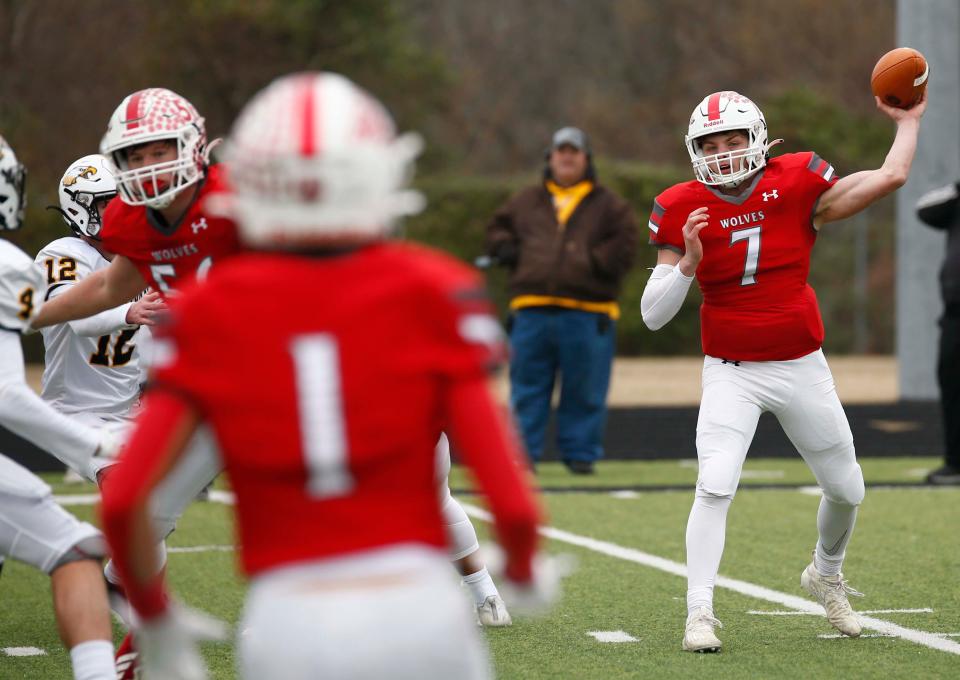 Blandy Burall looks to throw the ball during Reeds Spring's 49-20 win over Sullivan in a Class 3 state semifinal football game on Saturday, Nov. 26, 2022, in Reeds Spring, Missouri.