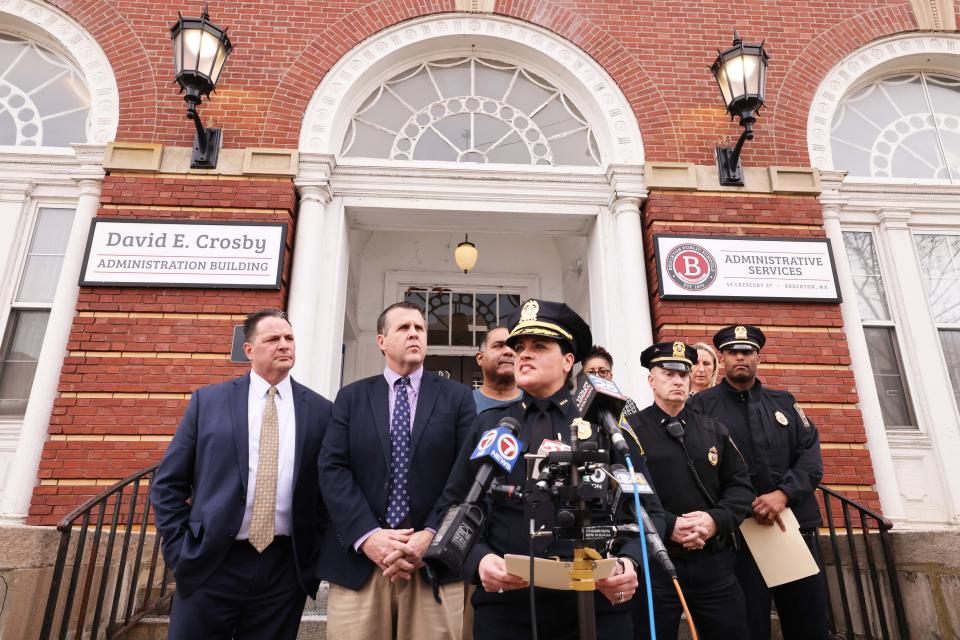 Brockton Police Chief Brenda Perez speaks at a press conference the stabbing inside the Brockton Therapeutic Day School outside the Brockton Public Schools Crosby Administration Building on Thursday, March 16, 2023.