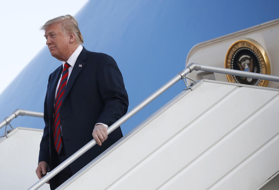 U.S. President Donald Trump arrives at the airport in Helsinki, Finland, Sunday, July 15, 2018 on the eve of his meeting with Russian President Vladimir Putin. (AP)