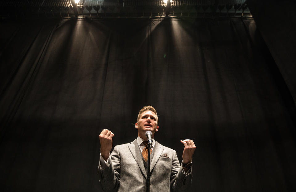 Richard Spencer addresses the media&nbsp;on Oct. 19, 2017, at the University of Florida, which initially resisted hosting him as a speaker. (Photo: Evelyn Hockstein/The Washington Post via Getty Images)