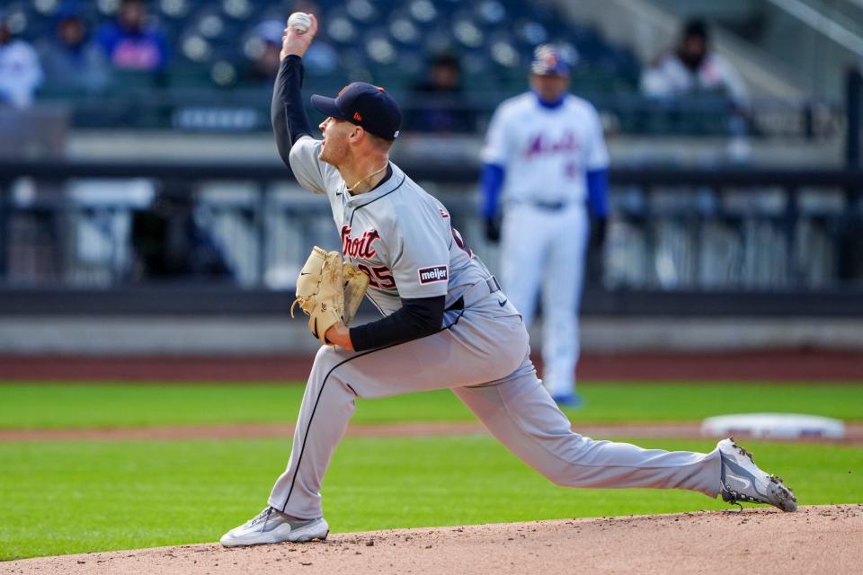 Detroit Tigers pitcher Matt Manning delivers a pitch against the New York Mets during the first inning at Citi Field on Thursday, April 4, 2024 in New York.