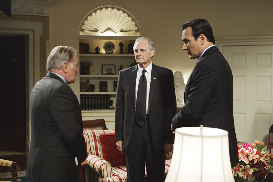 President Bartlet (Martin Sheen) with Arnold Vinick (Alan Alda) and Matt Santos (Jimmy Smits) in <em>The West Wing.</em>