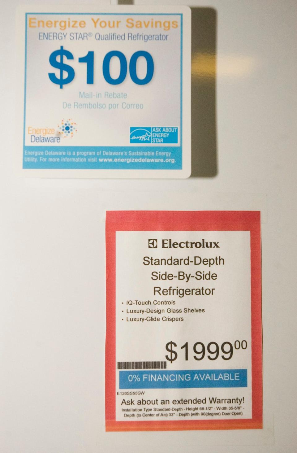 An Energy Star rebate label is shown on an Electrolux Side-By-Side refrigerator at Lakeside Appliance Outlet in Smyrna in 2009.