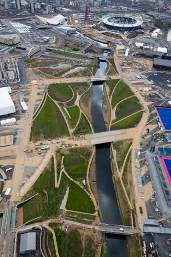 An aerial view of the Olympic Park in London showing the Parklands looking south towards the Olympic Stadium and Aquatics Centre. AFP PHOTO / LONDON 2012 / ANTHONY CHARLTON