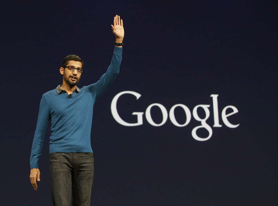 Alphabet Sundar Pichai, senior vice president of Android, Chrome and Apps, waves after speaking during the Google I/O 2015 keynote presentation in San Francisco, Thursday, May 28, 2015. (AP Photo/Jeff Chiu)
