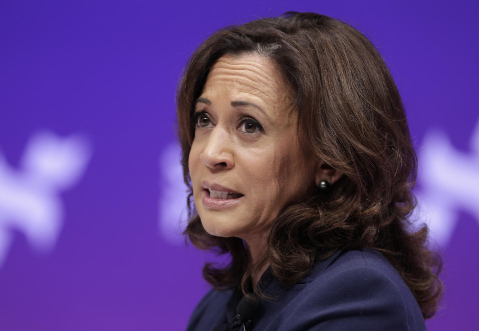 Democratic presidential candidate Sen. Kamala Harris, D-Calif., speaks during a presidential forum held by She The People on the Texas State University campus Wednesday, April 24, 2019, in Houston. (AP Photo/Michael Wyke)