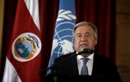 FILE PHOTO: U.N. Secretary General Antonio Guterres speaks during his visit to the United Nations School in San Jose, Costa Rica July 16, 2018. REUTERS/Juan Carlos Ulate/File Photo