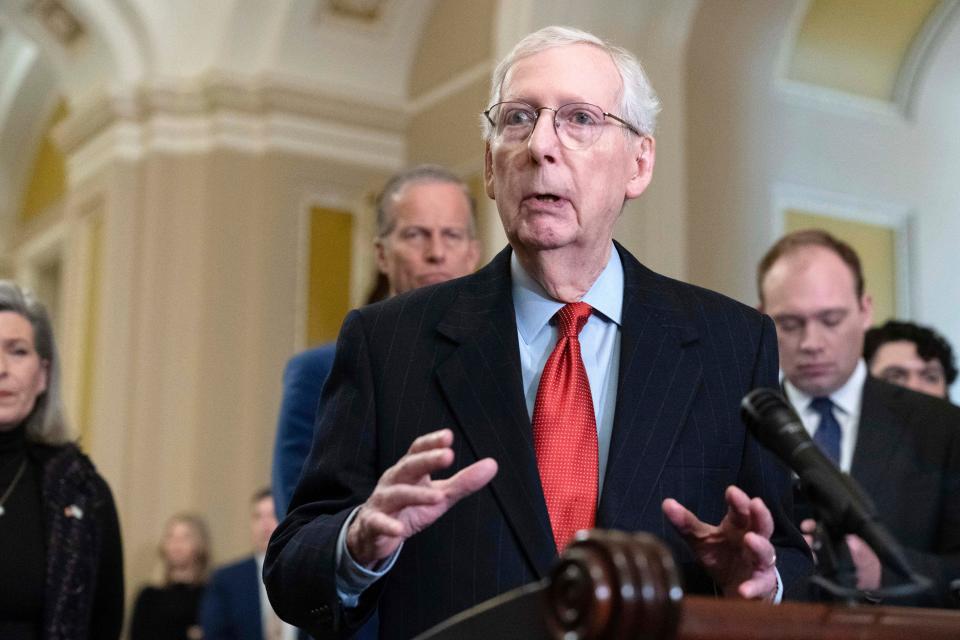 Senate Minority Leader Mitch McConnell, R-Ky., speaks during a news conference on border security, following the Senate policy luncheon at the Capitol in Washington, Tuesday, Feb. 6, 2024.