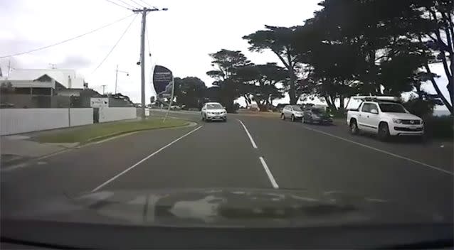 The car can be seen travelling on the wrong side of the road. Source: Shanan Greenhough/ News Corp