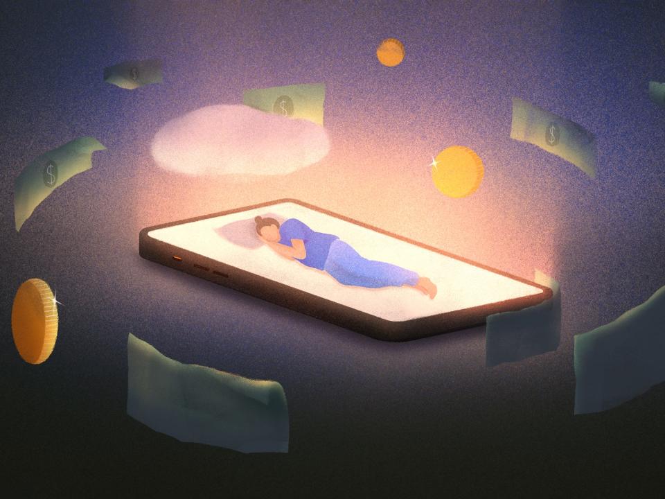 A woman asleep on a phone bed surrounded by floating money.