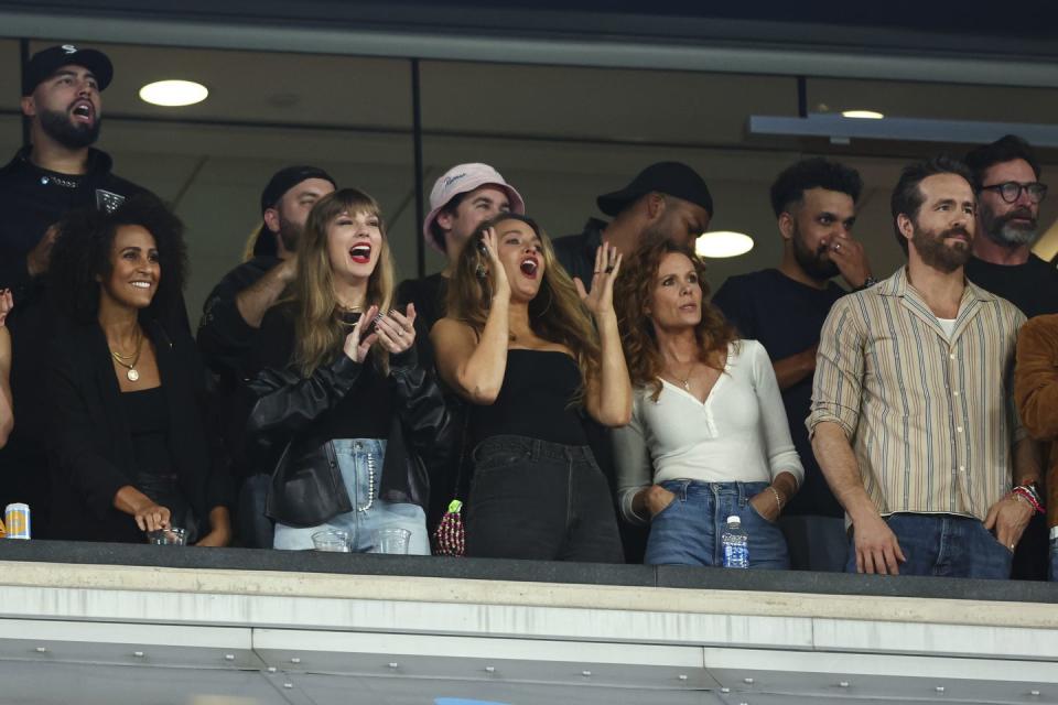 east rutherford, nj october 1 taylor swift and blake lively cheer from the stands during an nfl football game between the new york jets and the kansas city chiefs at metlife stadium on october 1, 2023 in east rutherford, new jersey photo by kevin sabitusgetty images