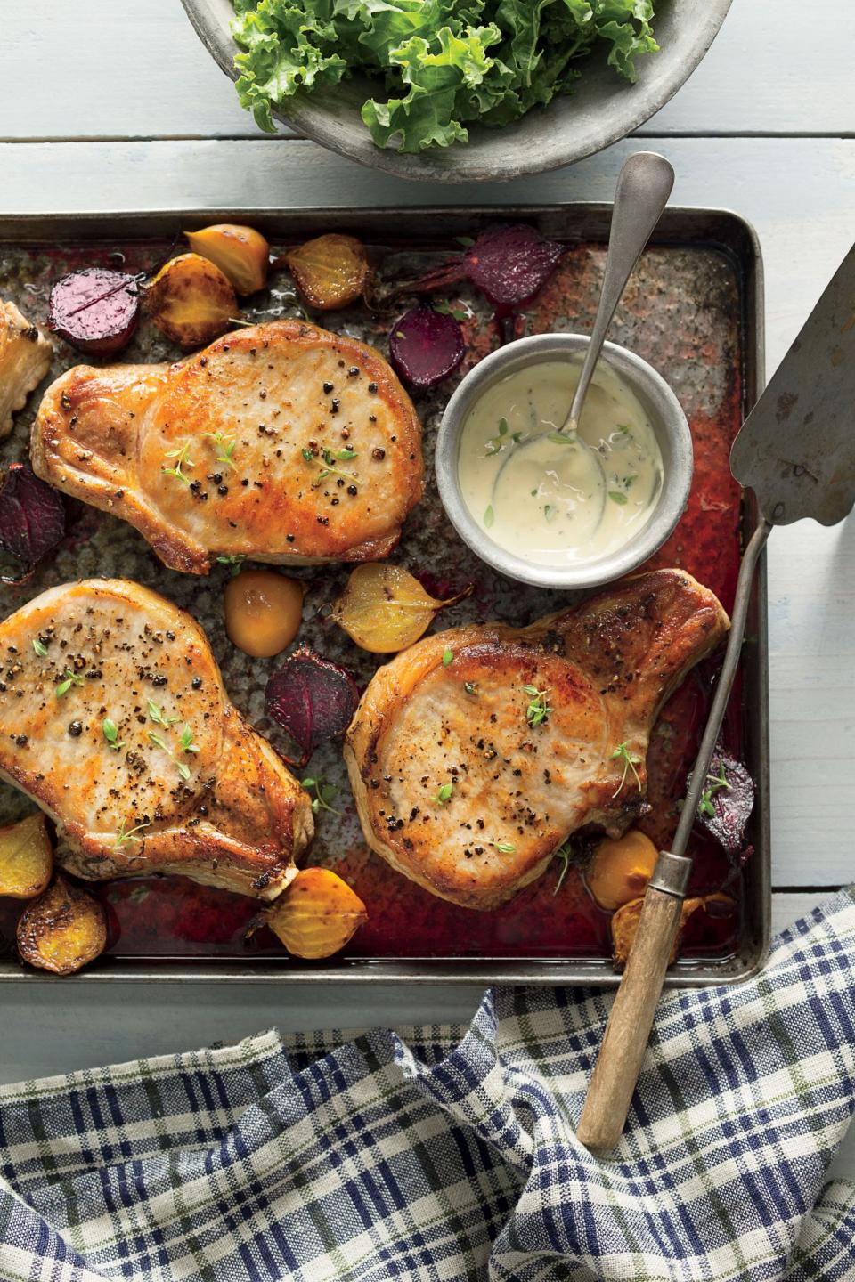 Roasted Pork Chops with Beets and Kale